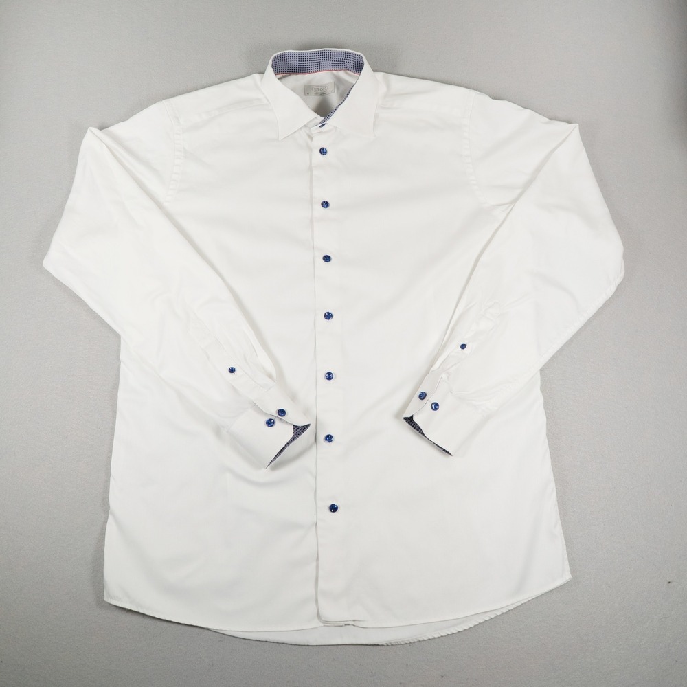 Eton Mens Contemporary Fit Button Down Shirt White Blue Buttons 17 43 Luxury